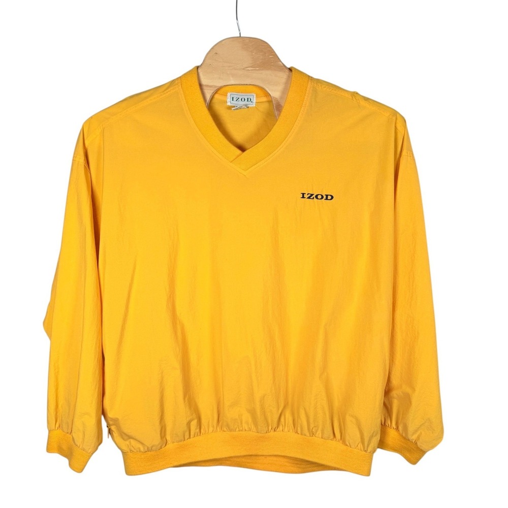 Vtg IZOD Windbreaker Pullover Mens XL Yellow V-Neck Ribbed Trim Side Zip Shell
